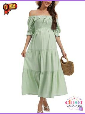 Maternity Maxi Dress Off-Shoulder Ruffle Baby Shower Photoshoot